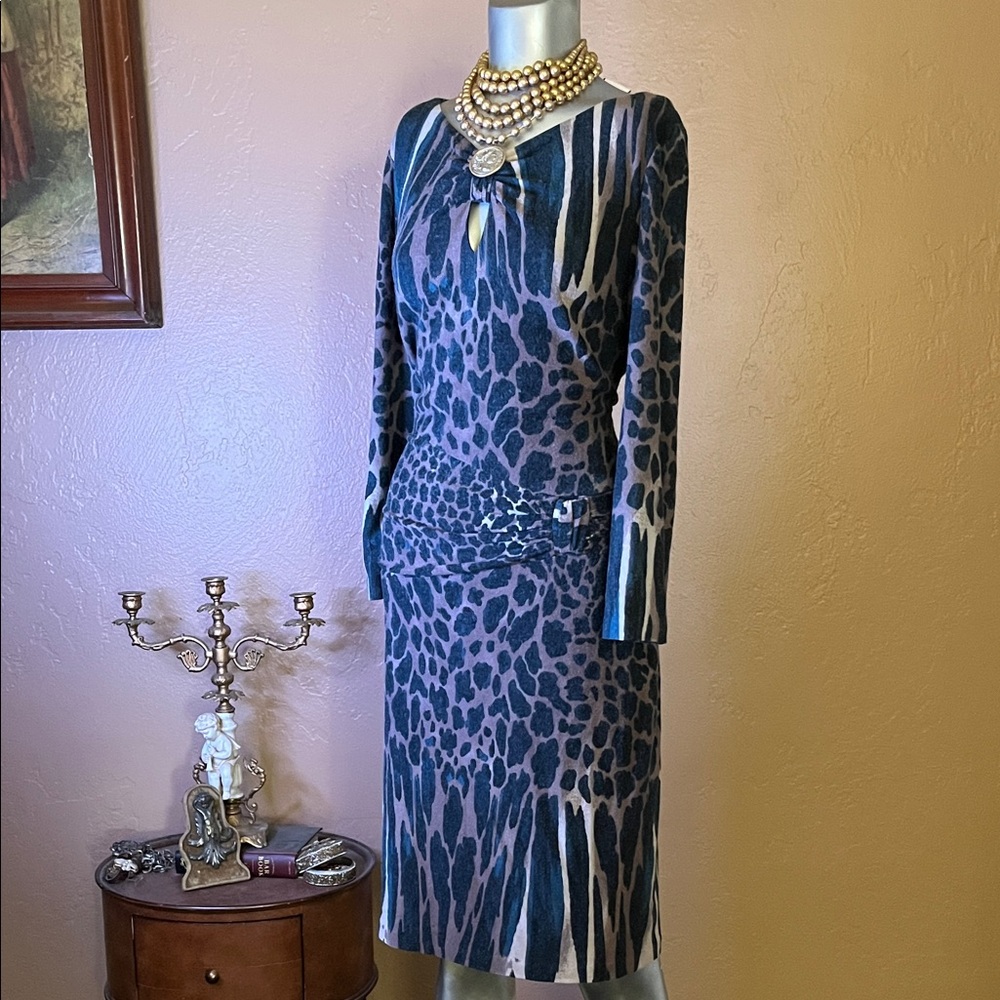 NWT Cache  Black and Brown Animal Print Long Sleeve Sweater Dress.  Sz  XL